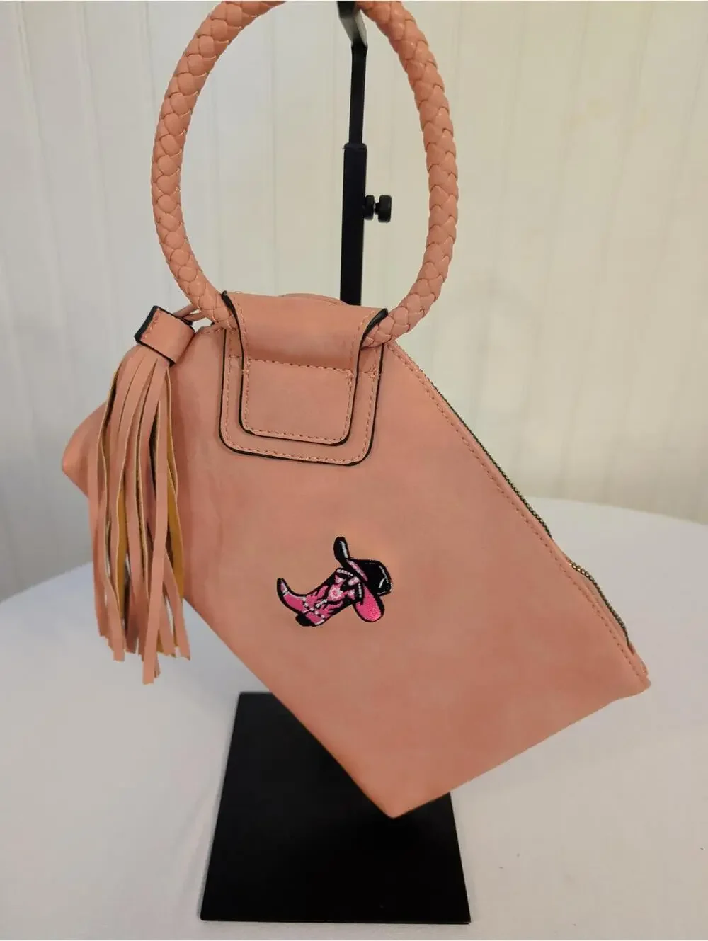 Blush Pink Faux Leather O-Ring Wristlet Clutch Cowgirl Boot Patch Western